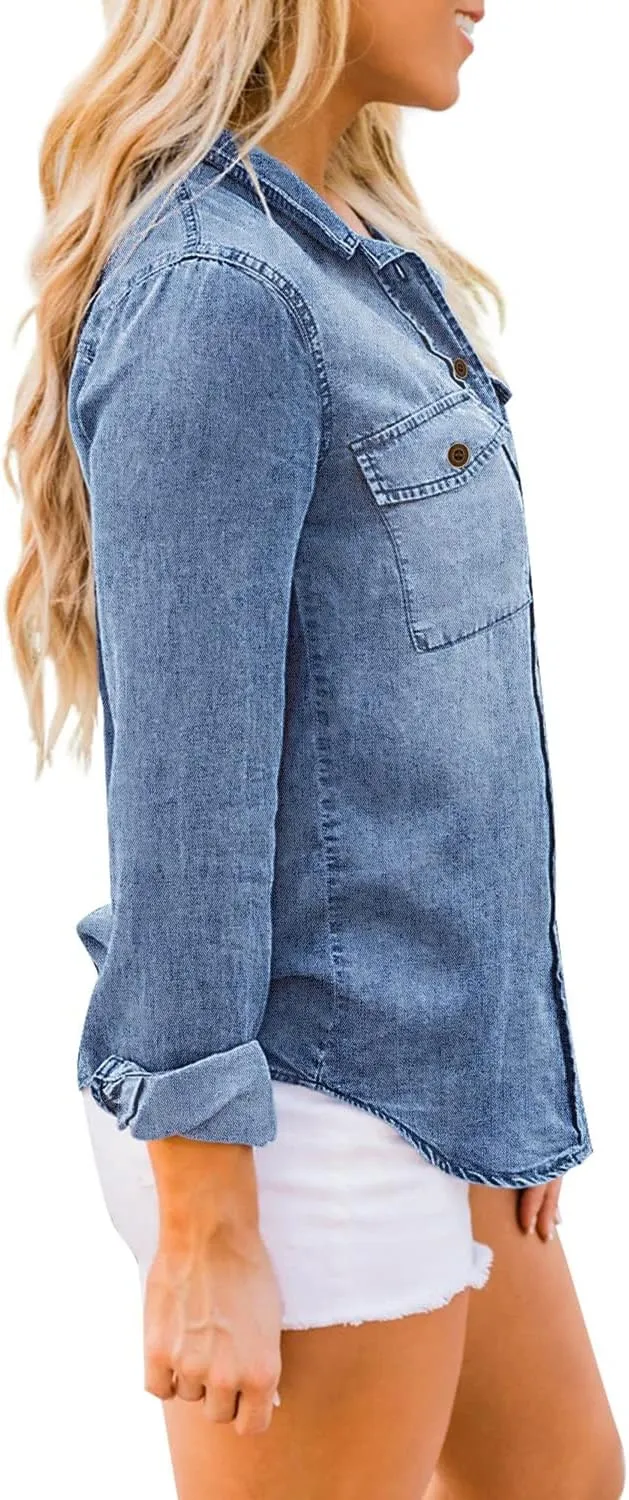 luvamia Denim Shirt Women Chambray Jean Western Shirts Long Sleeve Button Down Tops