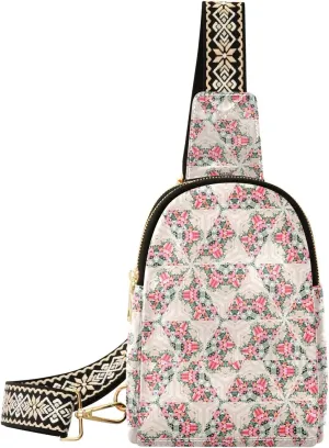 Luxurious Colorful Trendy Crossbody Bag Fashion Waist Packs Pink Flowers Cross Body Leather Chest Bag for Women Fanny Pack Travel Outdoor Crossbody Phone Bag