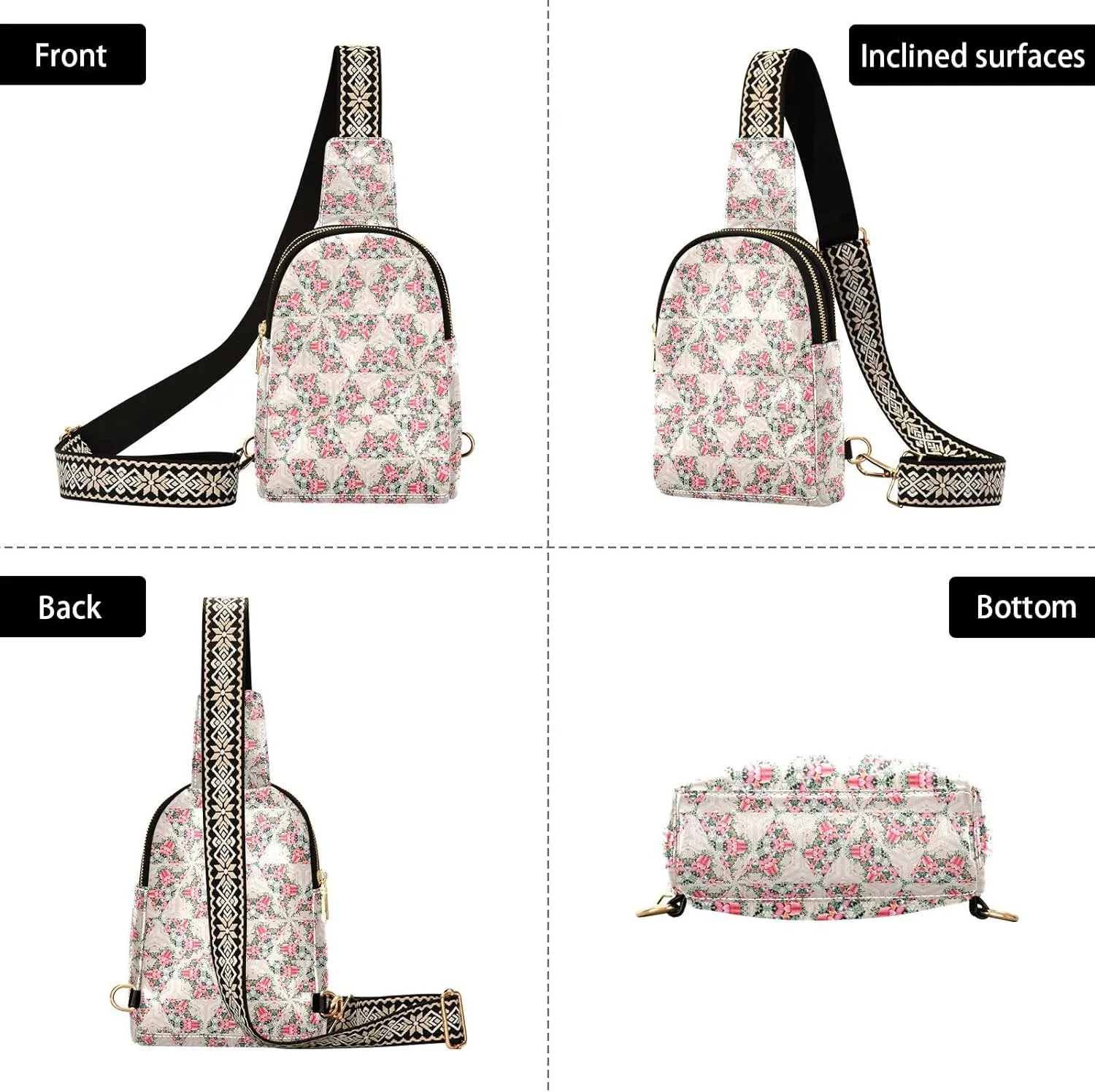 Luxurious Colorful Trendy Crossbody Bag Fashion Waist Packs Pink Flowers Cross Body Leather Chest Bag for Women Fanny Pack Travel Outdoor Crossbody Phone Bag