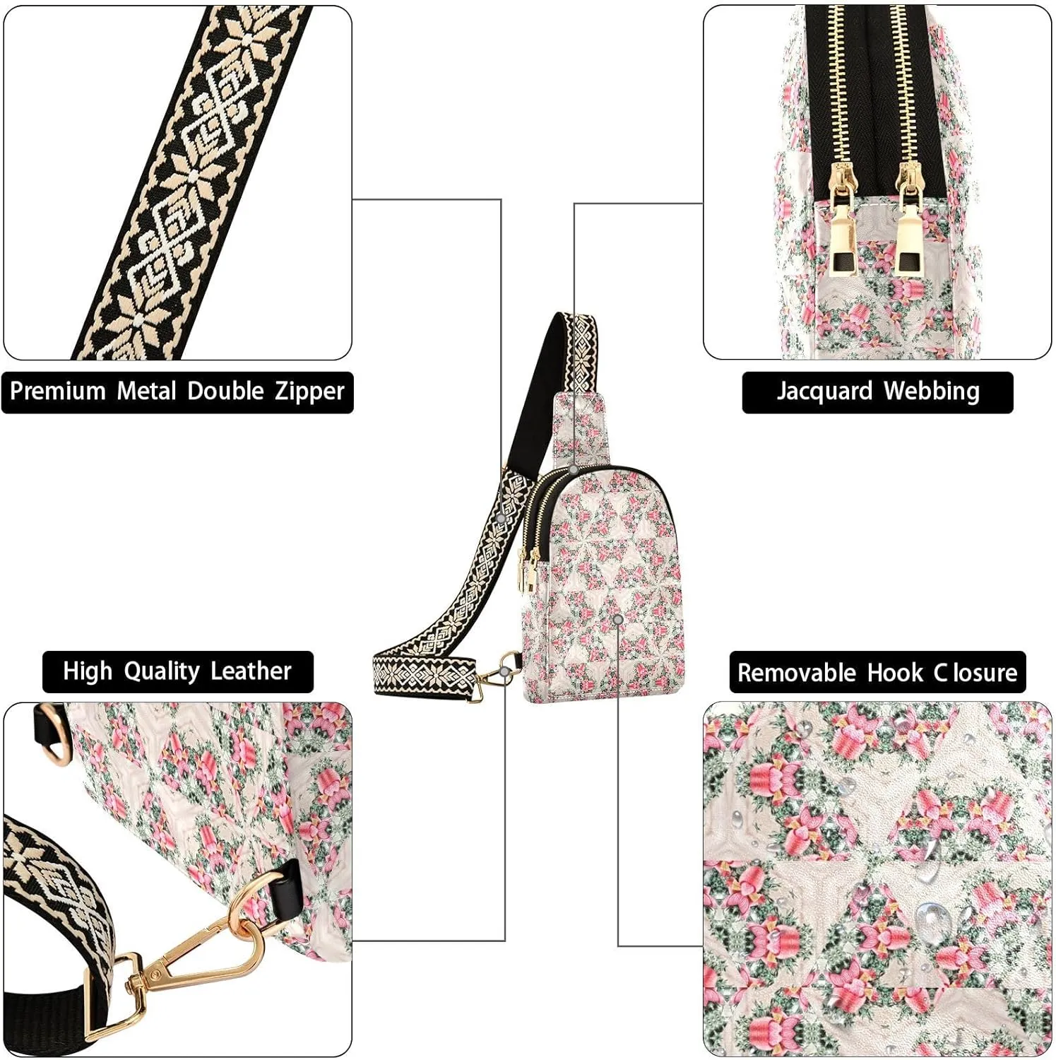 Luxurious Colorful Trendy Crossbody Bag Fashion Waist Packs Pink Flowers Cross Body Leather Chest Bag for Women Fanny Pack Travel Outdoor Crossbody Phone Bag