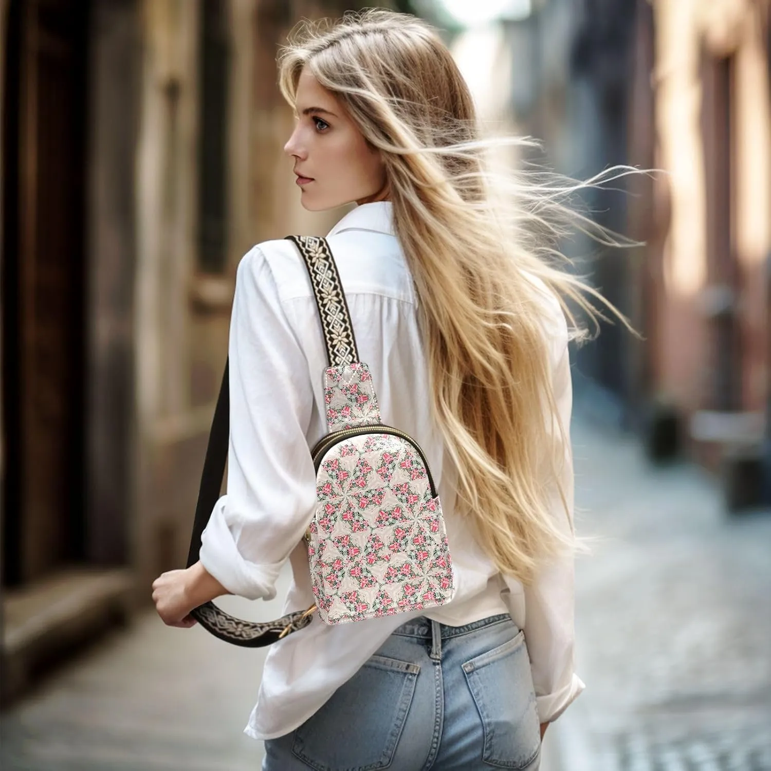 Luxurious Colorful Trendy Crossbody Bag Fashion Waist Packs Pink Flowers Cross Body Leather Chest Bag for Women Fanny Pack Travel Outdoor Crossbody Phone Bag
