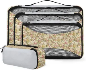 Luxurious Fashion Floral Botanical Print 4 Piece Packing Travel Organizer Cubes Set Mesh Fabric Ventilate Design Lightweight Travel Accessories 4 Sizes (Extra Large, Large, Medium, Small)