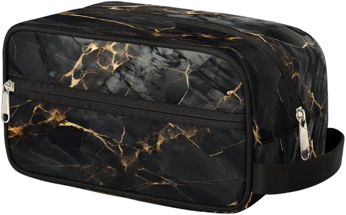 Luxurious Veined Marble Travel Toiletry Bag Wash Bag Portable Cosmetic Bag Toiletries Accessories Cosmetic Storage Bag Shower Shaving Bag Unisex Black and Gold Marble