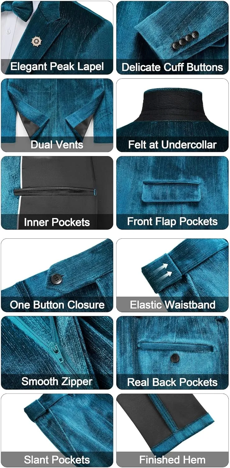 MAGE MALE Mens Suits Velvet Tuxedo Suit Set Slim Fit 2 Piece Luxurious Party Dinner Jacket Pants with Bow Tie