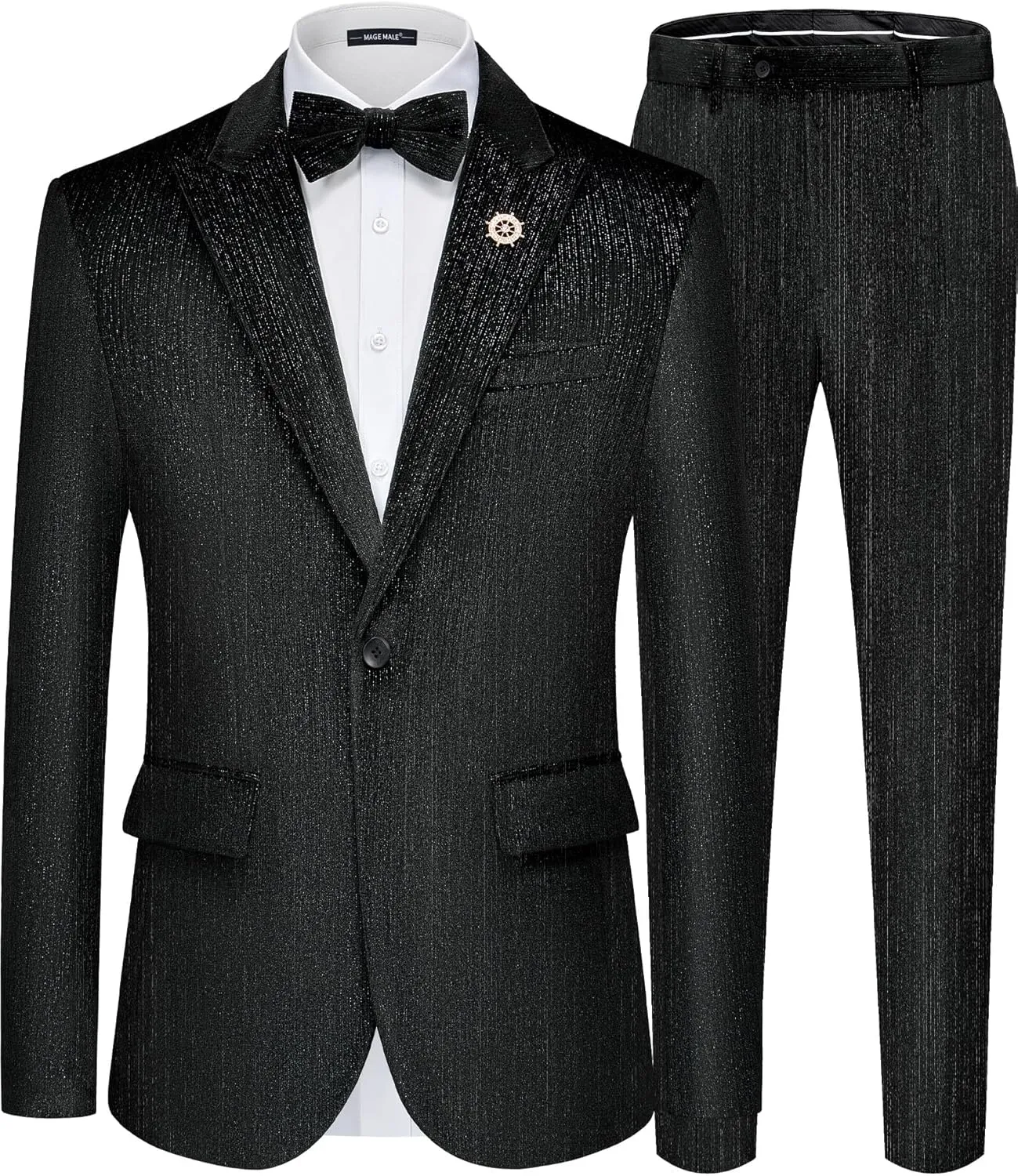 MAGE MALE Mens Suits Velvet Tuxedo Suit Set Slim Fit 2 Piece Luxurious Party Dinner Jacket Pants with Bow Tie