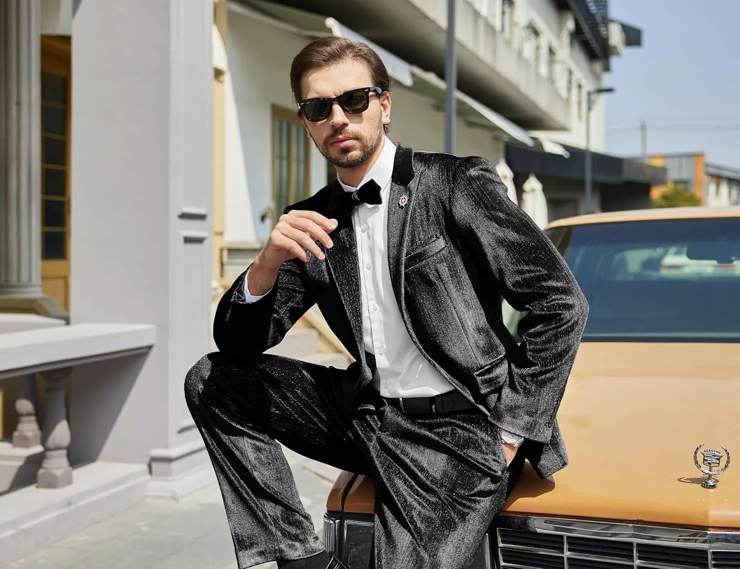 MAGE MALE Mens Suits Velvet Tuxedo Suit Set Slim Fit 2 Piece Luxurious Party Dinner Jacket Pants with Bow Tie