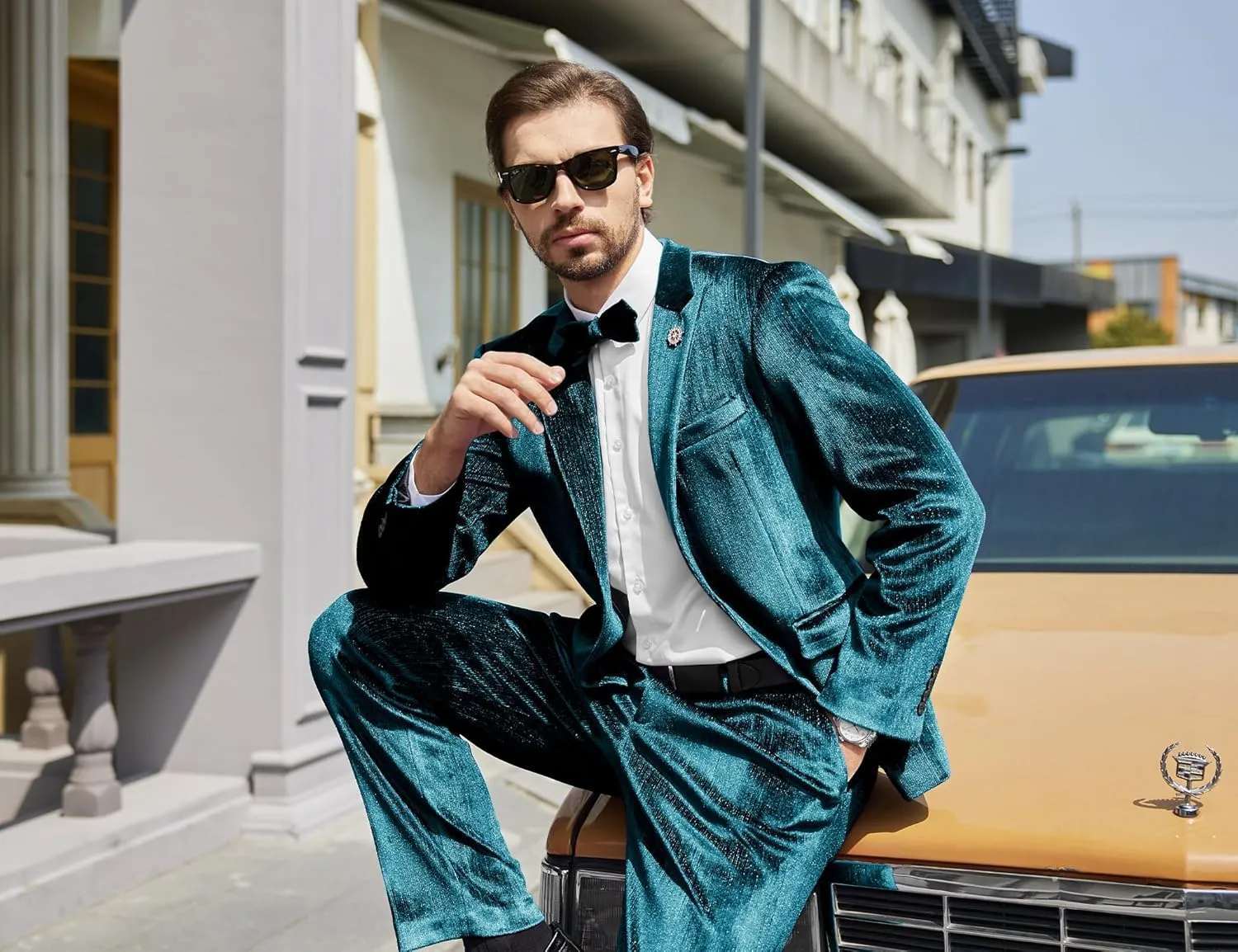 MAGE MALE Mens Suits Velvet Tuxedo Suit Set Slim Fit 2 Piece Luxurious Party Dinner Jacket Pants with Bow Tie