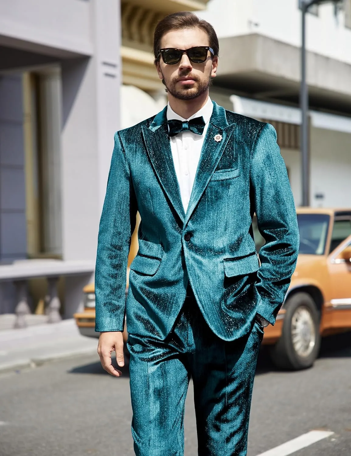MAGE MALE Mens Suits Velvet Tuxedo Suit Set Slim Fit 2 Piece Luxurious Party Dinner Jacket Pants with Bow Tie