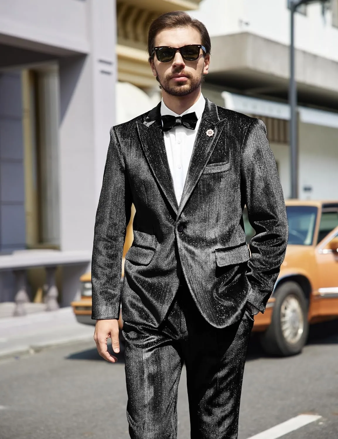 MAGE MALE Mens Suits Velvet Tuxedo Suit Set Slim Fit 2 Piece Luxurious Party Dinner Jacket Pants with Bow Tie