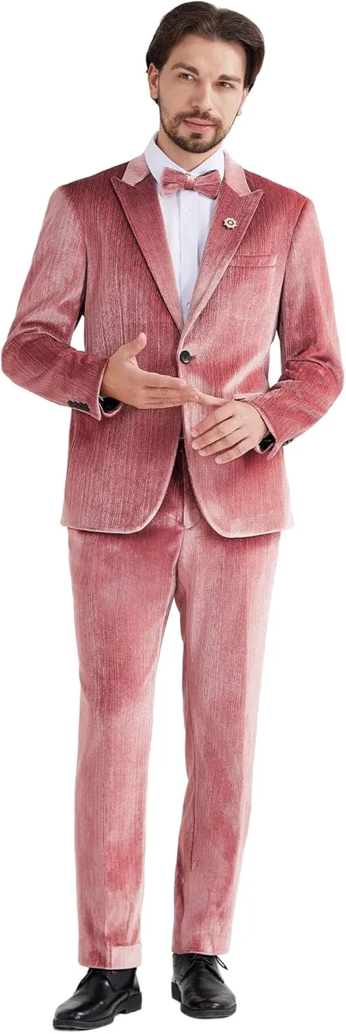 MAGE MALE Mens Suits Velvet Tuxedo Suit Set Slim Fit 2 Piece Luxurious Party Dinner Jacket Pants with Bow Tie