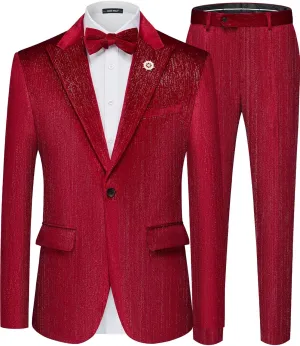 MAGE MALE Mens Suits Velvet Tuxedo Suit Set Slim Fit 2 Piece Luxurious Party Dinner Jacket Pants with Bow Tie