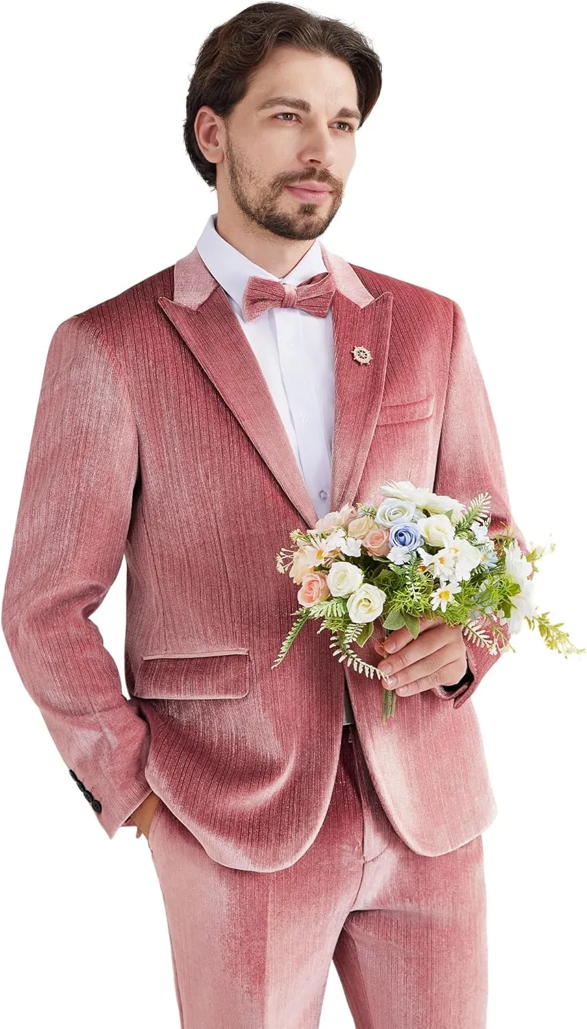 MAGE MALE Mens Suits Velvet Tuxedo Suit Set Slim Fit 2 Piece Luxurious Party Dinner Jacket Pants with Bow Tie