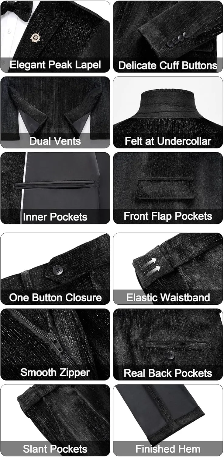 MAGE MALE Mens Suits Velvet Tuxedo Suit Set Slim Fit 2 Piece Luxurious Party Dinner Jacket Pants with Bow Tie