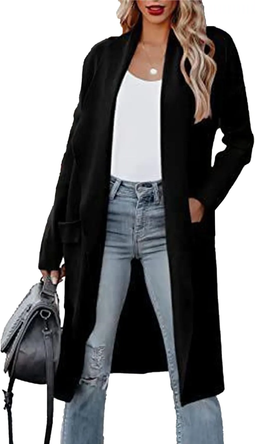 Maiyifu-GJ Women's Wool Blend Trench Coat Long Cardigan Jackets Long Sleeve Sweaters Casual Lapel Open Front Overcoat
