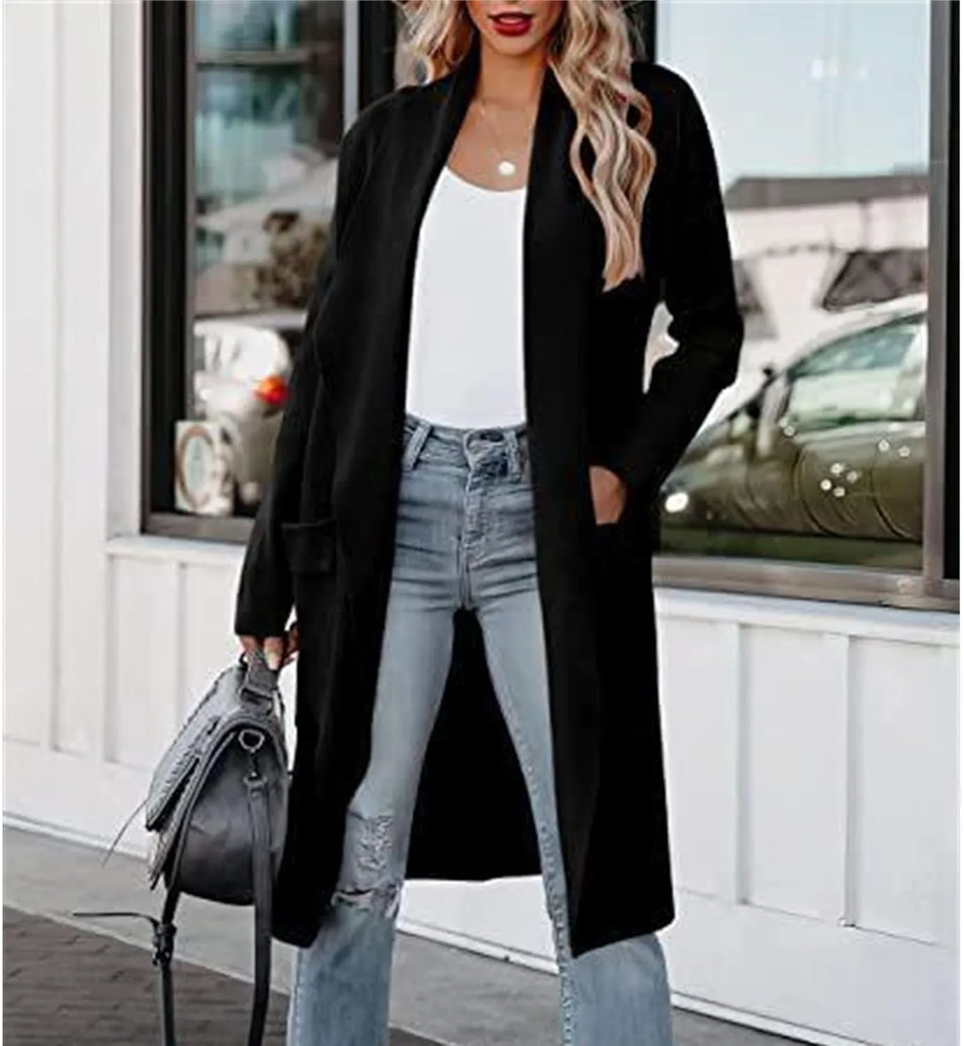 Maiyifu-GJ Women's Wool Blend Trench Coat Long Cardigan Jackets Long Sleeve Sweaters Casual Lapel Open Front Overcoat