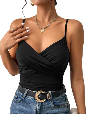 MakeMeChic Women's PU Faux Leather Tops Ruched V Neck Tank Top Wrap Camisole Slim Fit Casual Shirt Cami Tops