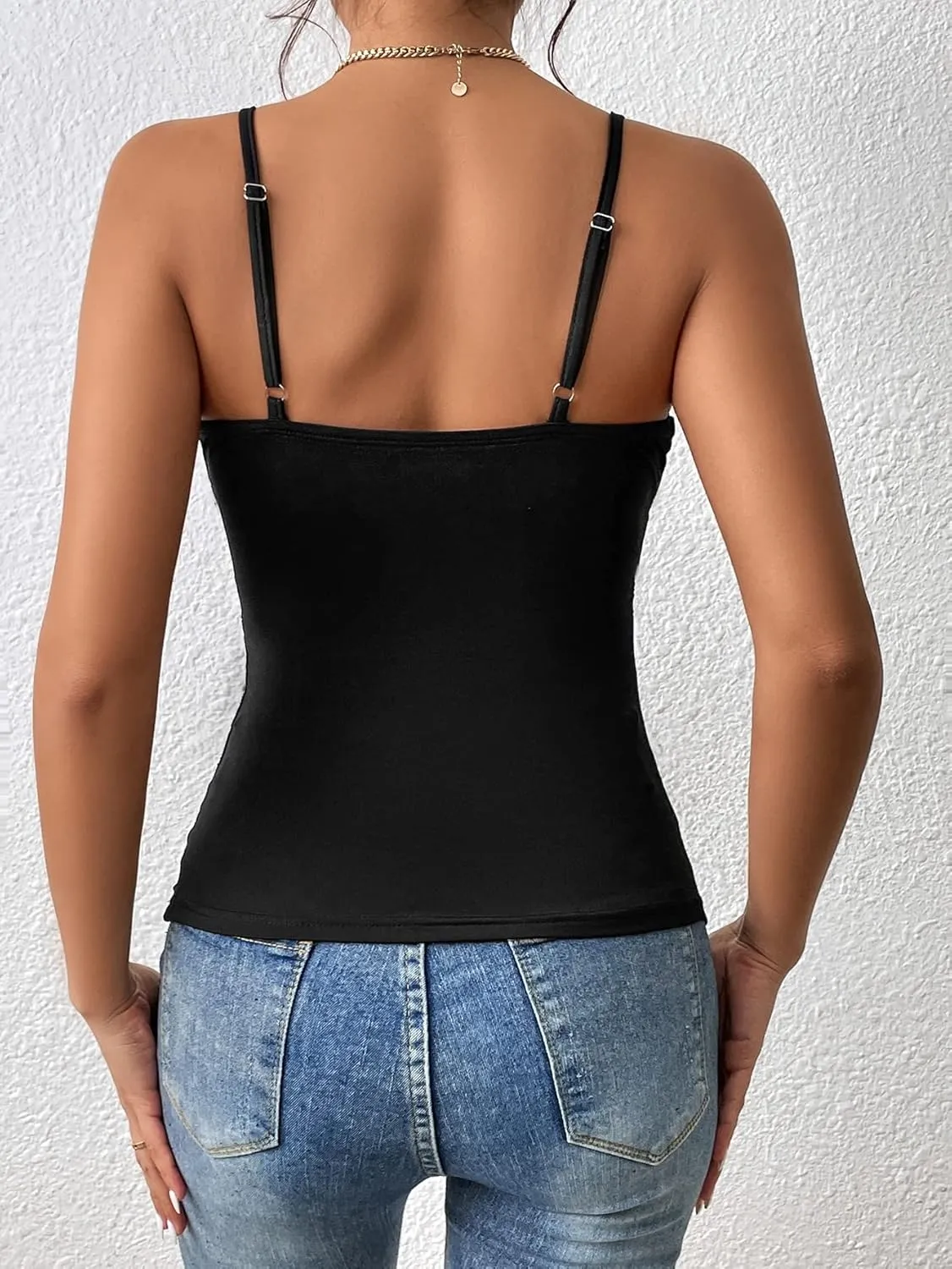 MakeMeChic Women's PU Faux Leather Tops Ruched V Neck Tank Top Wrap Camisole Slim Fit Casual Shirt Cami Tops