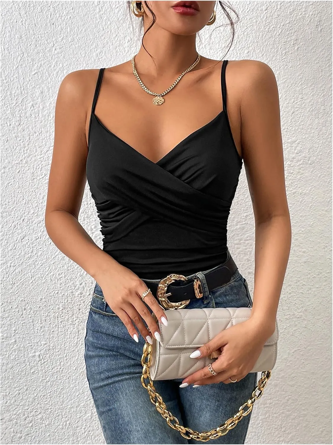 MakeMeChic Women's PU Faux Leather Tops Ruched V Neck Tank Top Wrap Camisole Slim Fit Casual Shirt Cami Tops