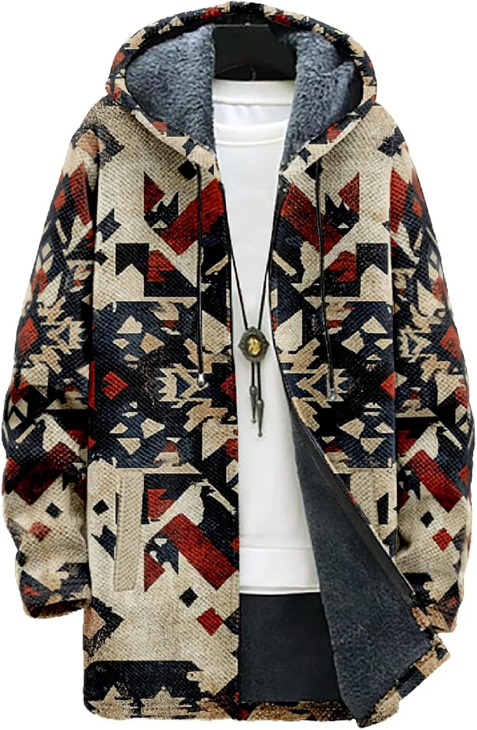 MARSVOVO Ethnic Retro Mens Hooded Cloak Cardigan Long Fleece Lined Slim Fitted Casual Warm Outwear Jacket with Pockets
