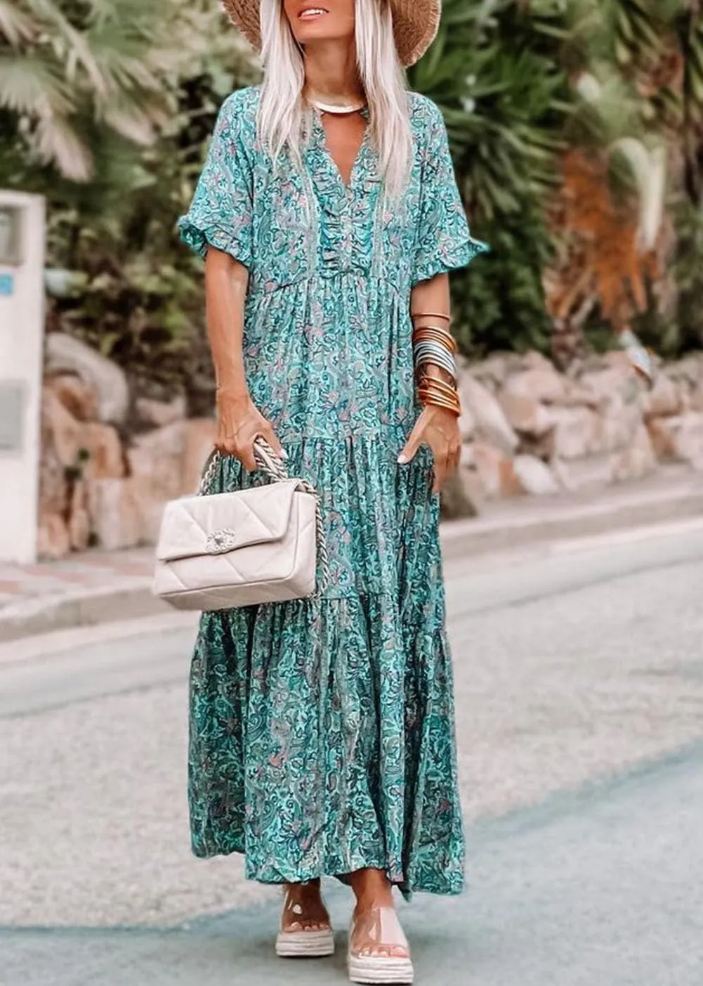 Melliflo Womens Boho Print Ruffle Tiered V-Neck Maxi Dress 2024 New Loose Casual Summer Skirt