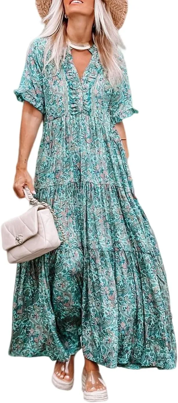 Melliflo Womens Boho Print Ruffle Tiered V-Neck Maxi Dress 2024 New Loose Casual Summer Skirt