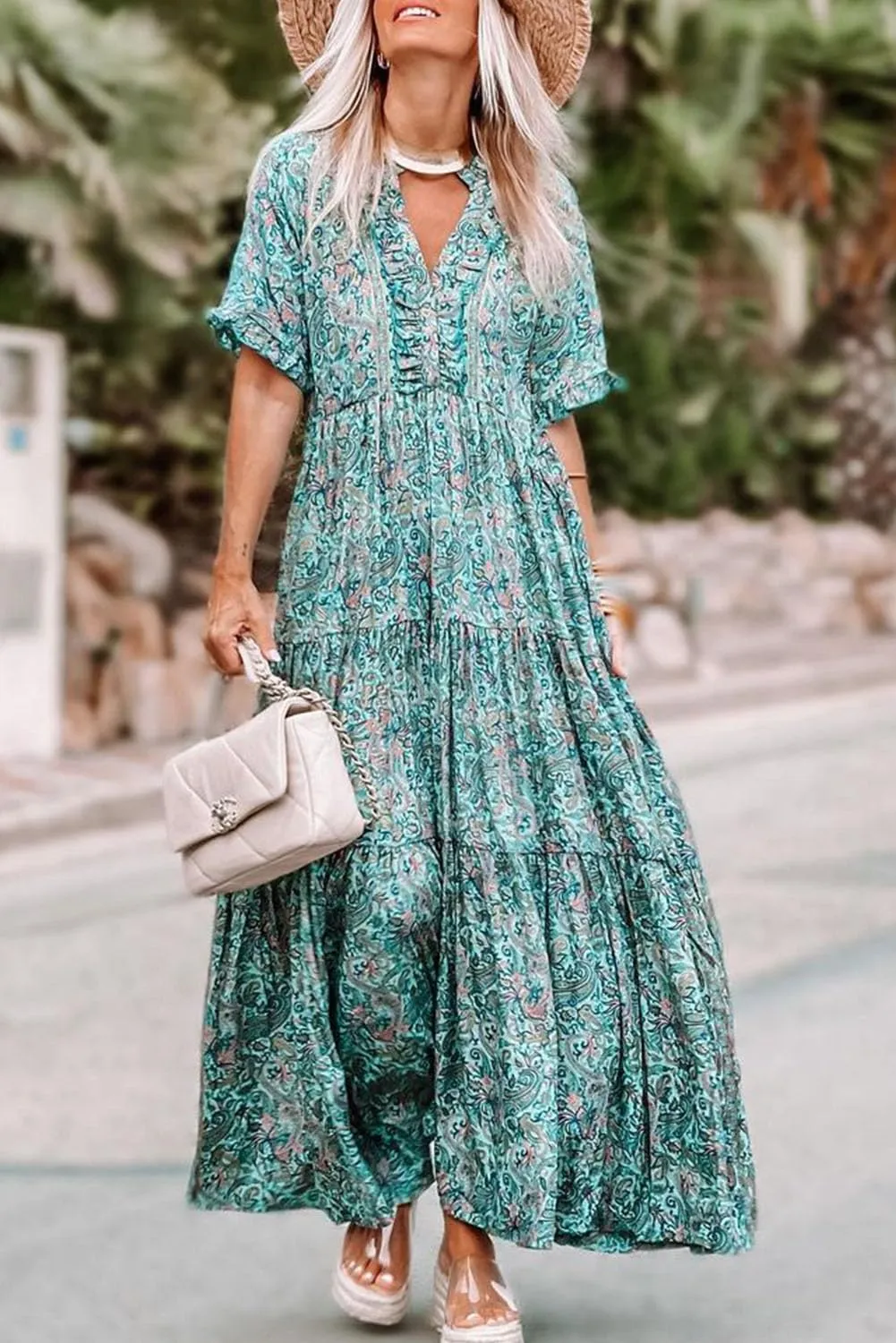 Melliflo Womens Boho Print Ruffle Tiered V-Neck Maxi Dress 2024 New Loose Casual Summer Skirt
