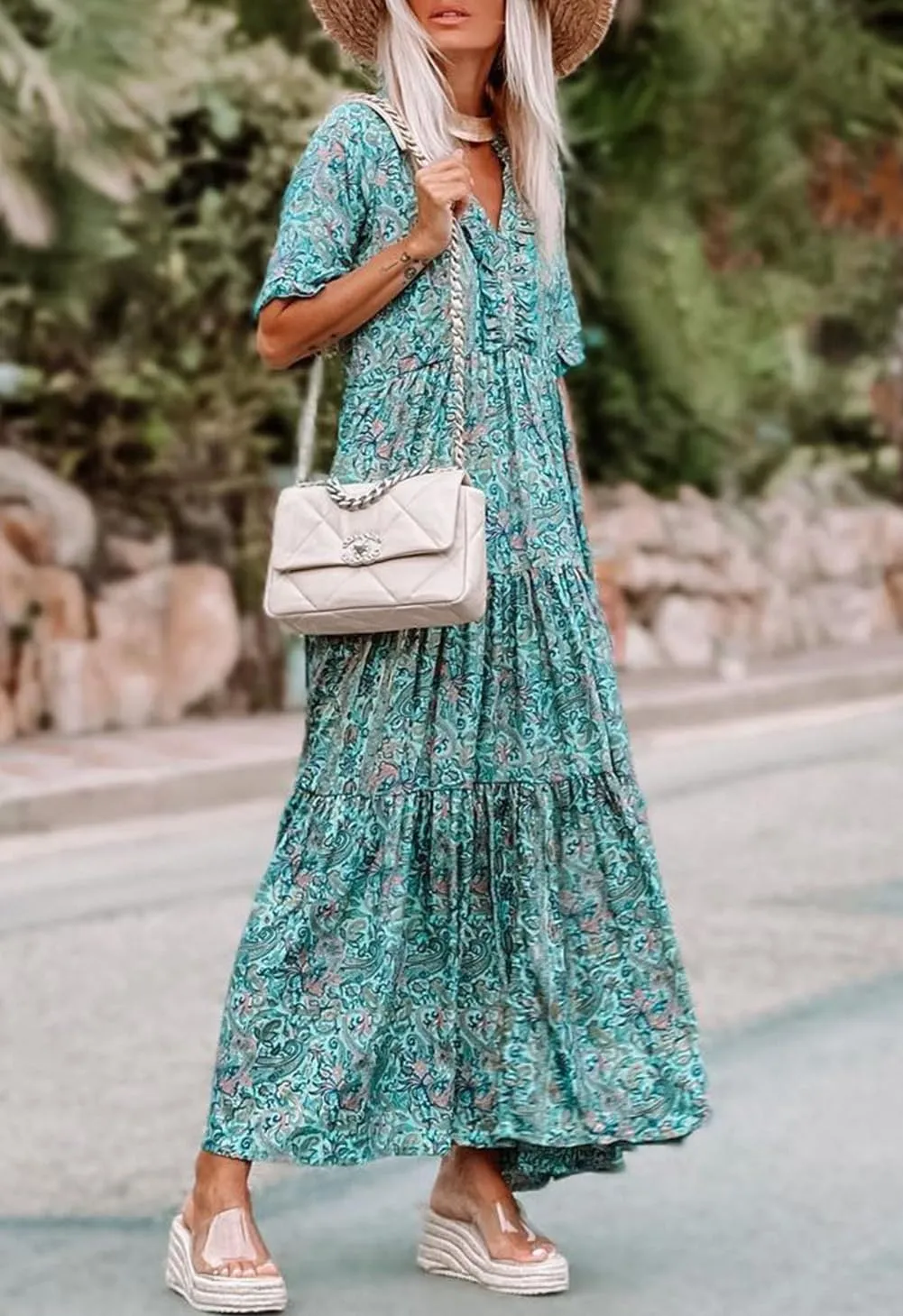 Melliflo Womens Boho Print Ruffle Tiered V-Neck Maxi Dress 2024 New Loose Casual Summer Skirt