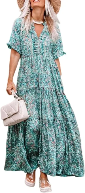 Melliflo Womens Boho Print Ruffle Tiered V-Neck Maxi Dress 2024 New Loose Casual Summer Skirt