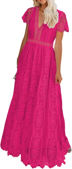 Melliflo Womens Lace Patchwork Hollowed Out Short Sleeved V Neck Long Skirt 2024 New Casual Summer Dress