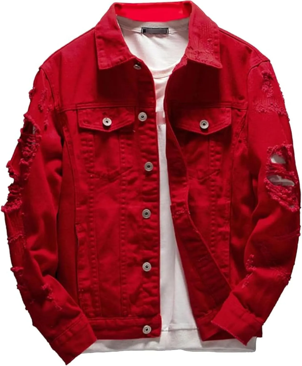 Men Button Distressed Denim Jacket Ripped Slim Trucker Jean Jackets Casual Cowboy Cut Biker Coats