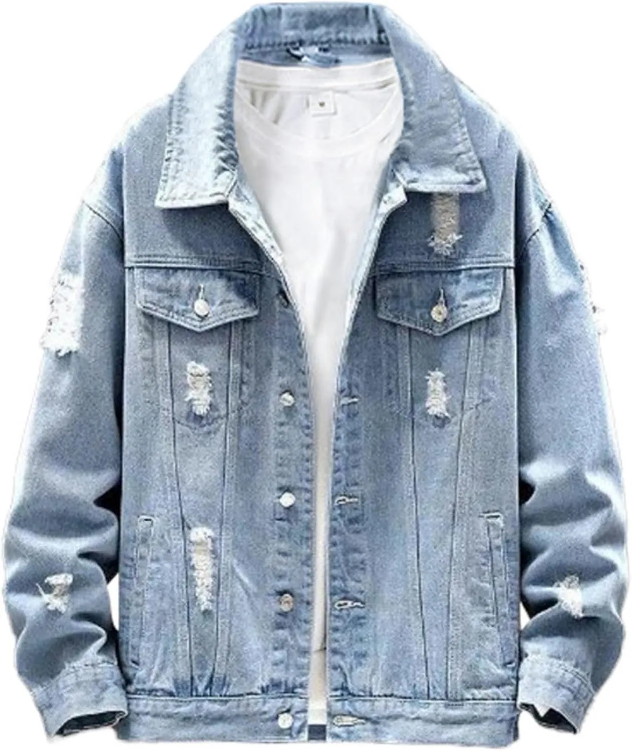 Men Button Distressed Denim Jacket Ripped Slim Trucker Jean Jackets Casual Cowboy Cut Biker Coats