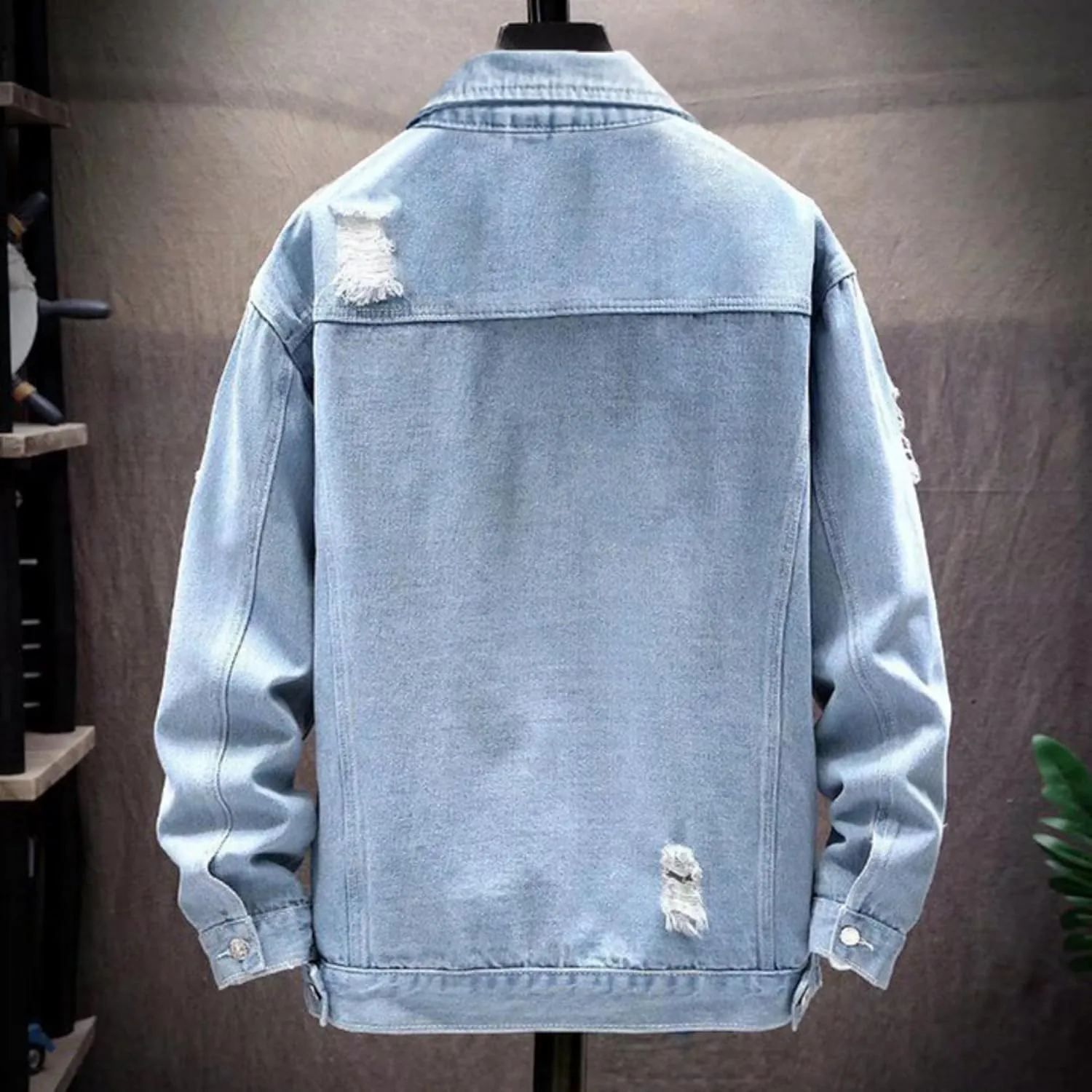 Men Button Distressed Denim Jacket Ripped Slim Trucker Jean Jackets Casual Cowboy Cut Biker Coats