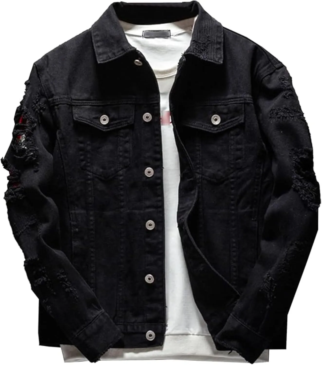 Men Button Distressed Denim Jacket Ripped Slim Trucker Jean Jackets Casual Cowboy Cut Biker Coats