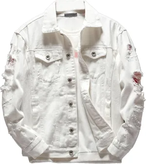 Men Button Distressed Denim Jacket Ripped Slim Trucker Jean Jackets Casual Cowboy Cut Biker Coats