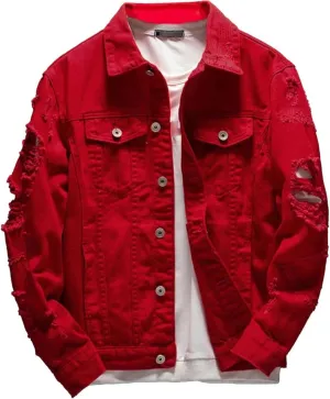 Men Button Distressed Denim Jacket Ripped Slim Trucker Jean Jackets Casual Cowboy Cut Biker Coats