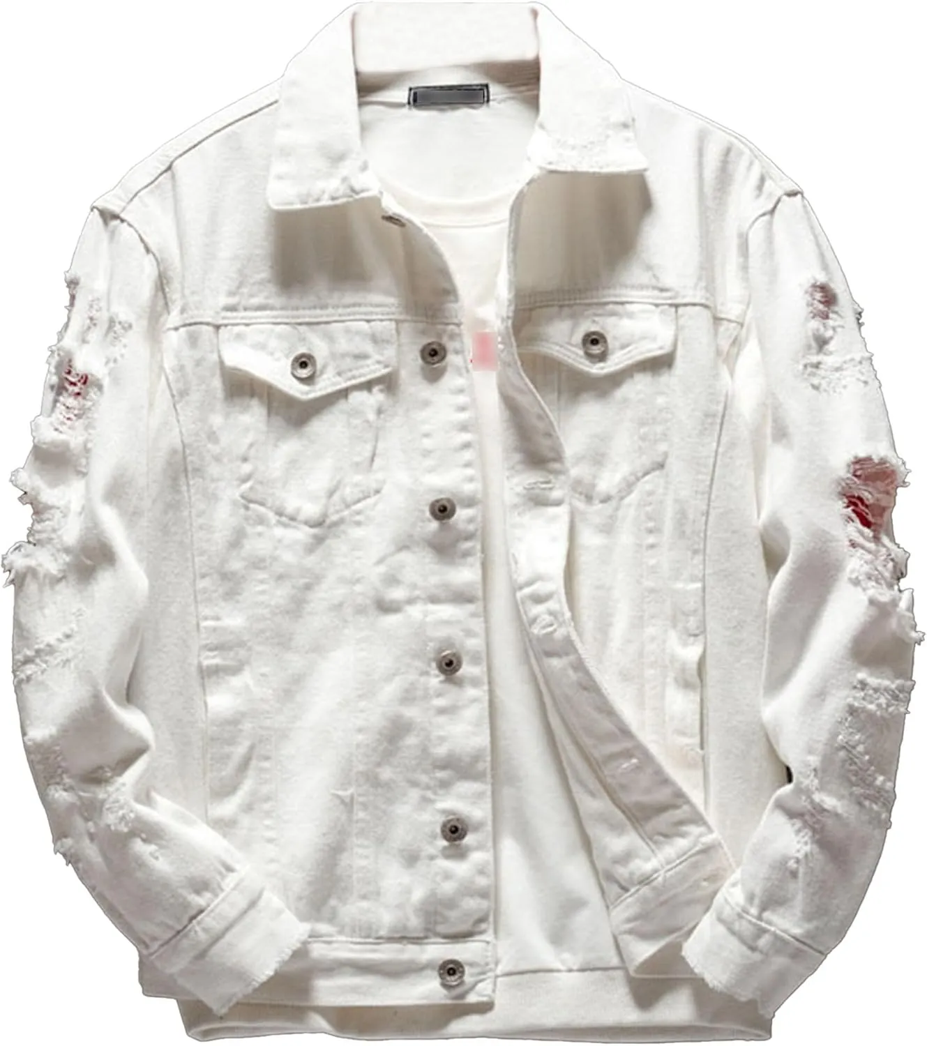 Men Button Distressed Denim Jacket Ripped Slim Trucker Jean Jackets Casual Cowboy Cut Biker Coats