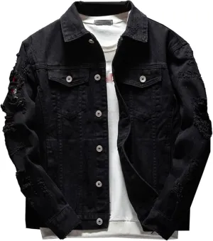 Men Button Distressed Denim Jacket Ripped Slim Trucker Jean Jackets Casual Cowboy Cut Biker Coats