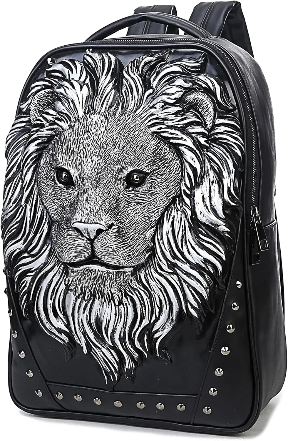 Men Casual Pu Leather Backpack Women 3D Lionhead Studded Pack Travel Outdoor Daypack Laptop Bag