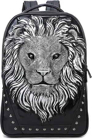 Men Casual Pu Leather Backpack Women 3D Lionhead Studded Pack Travel Outdoor Daypack Laptop Bag