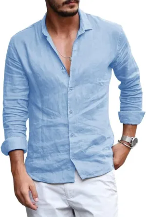 Mens Button Down Shirt Linen Cotton Shirts Casual Long Sleeve Spread Collar Lightweight Beach Plain Tops