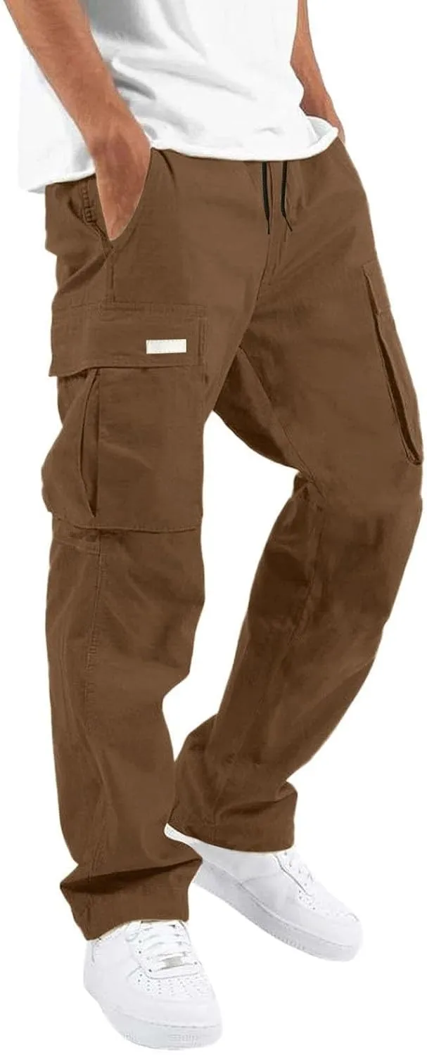 Men's Causal Cargo Pants Solid Color Multi Pockets Straight Leg Trousers Loose Fit Hiking Joggers Sport Pants