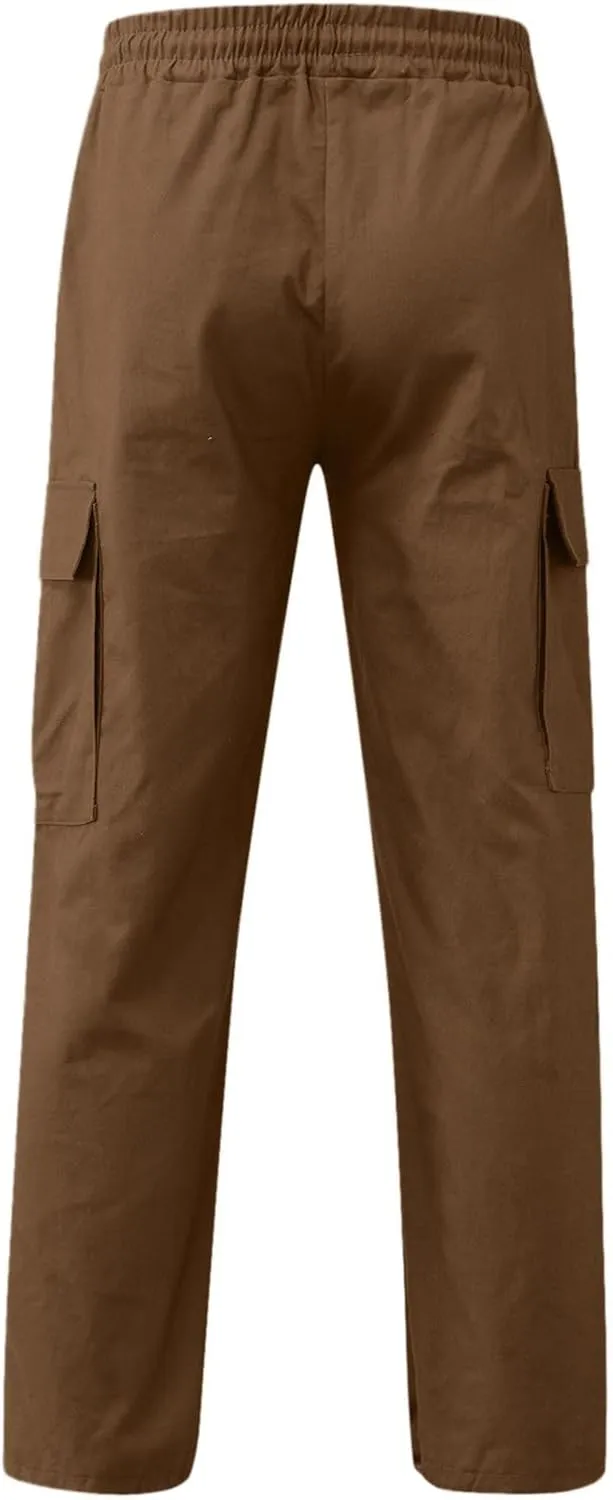 Men's Causal Cargo Pants Solid Color Multi Pockets Straight Leg Trousers Loose Fit Hiking Joggers Sport Pants