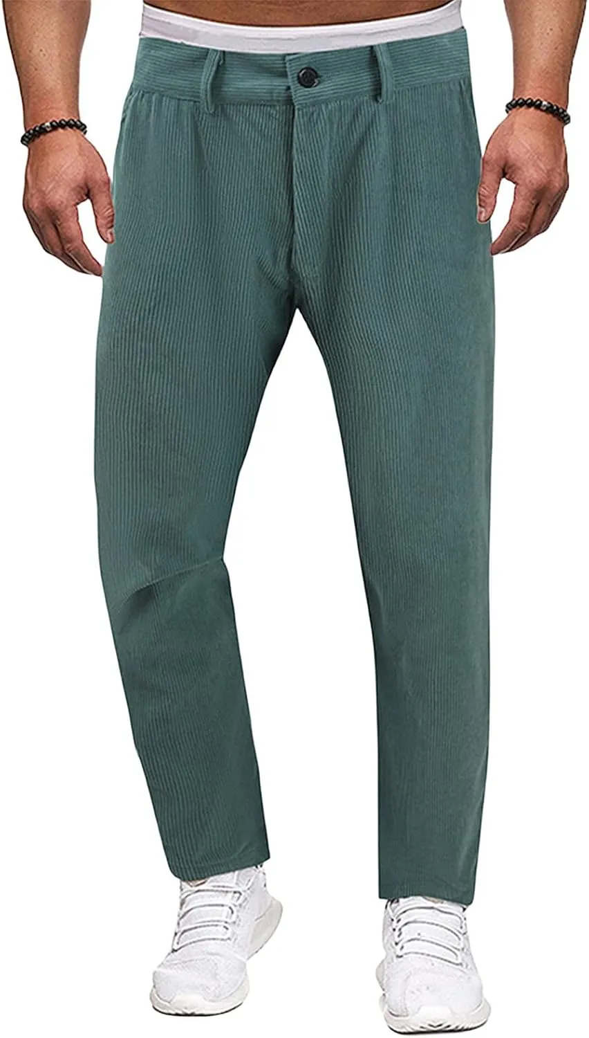 Mens Corduroy Pants Regular Fit Casual Elastic Waist Straight Leg Pants Tapered Flat-Front Chino Pants with Pockets