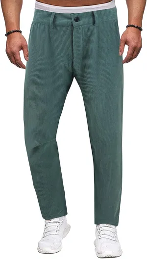 Mens Corduroy Pants Regular Fit Casual Elastic Waist Straight Leg Pants Tapered Flat-Front Chino Pants with Pockets