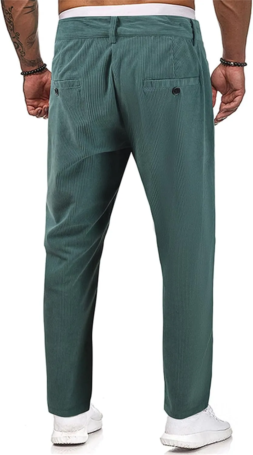 Mens Corduroy Pants Regular Fit Casual Elastic Waist Straight Leg Pants Tapered Flat-Front Chino Pants with Pockets