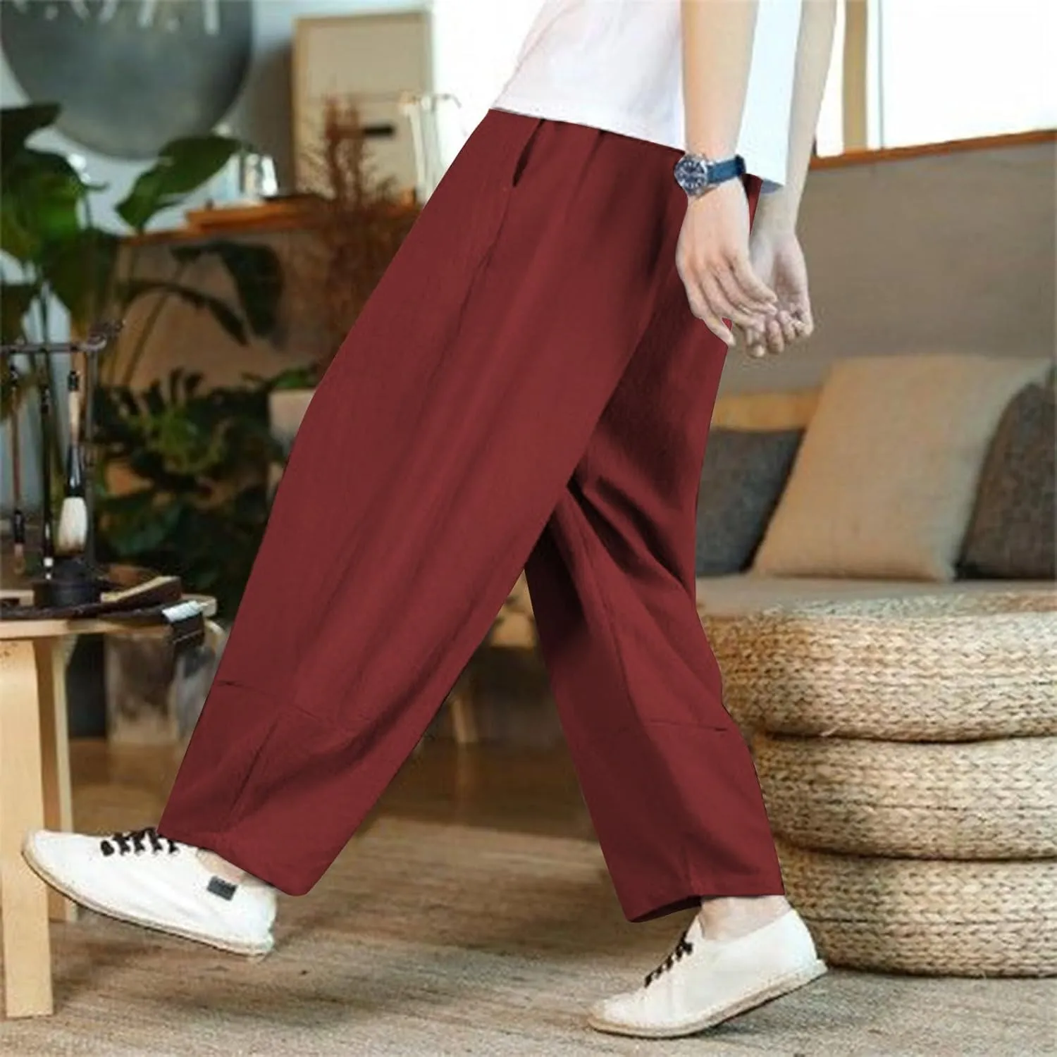 Mens Cotton Linen Pants Casual Classic Elastic Waist Beach Yoga Pants Summer Lightweight Dress Trouser with Pockets