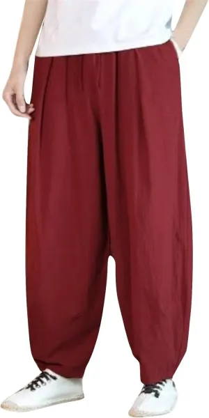 Mens Cotton Linen Pants Casual Classic Elastic Waist Beach Yoga Pants Summer Lightweight Dress Trouser with Pockets