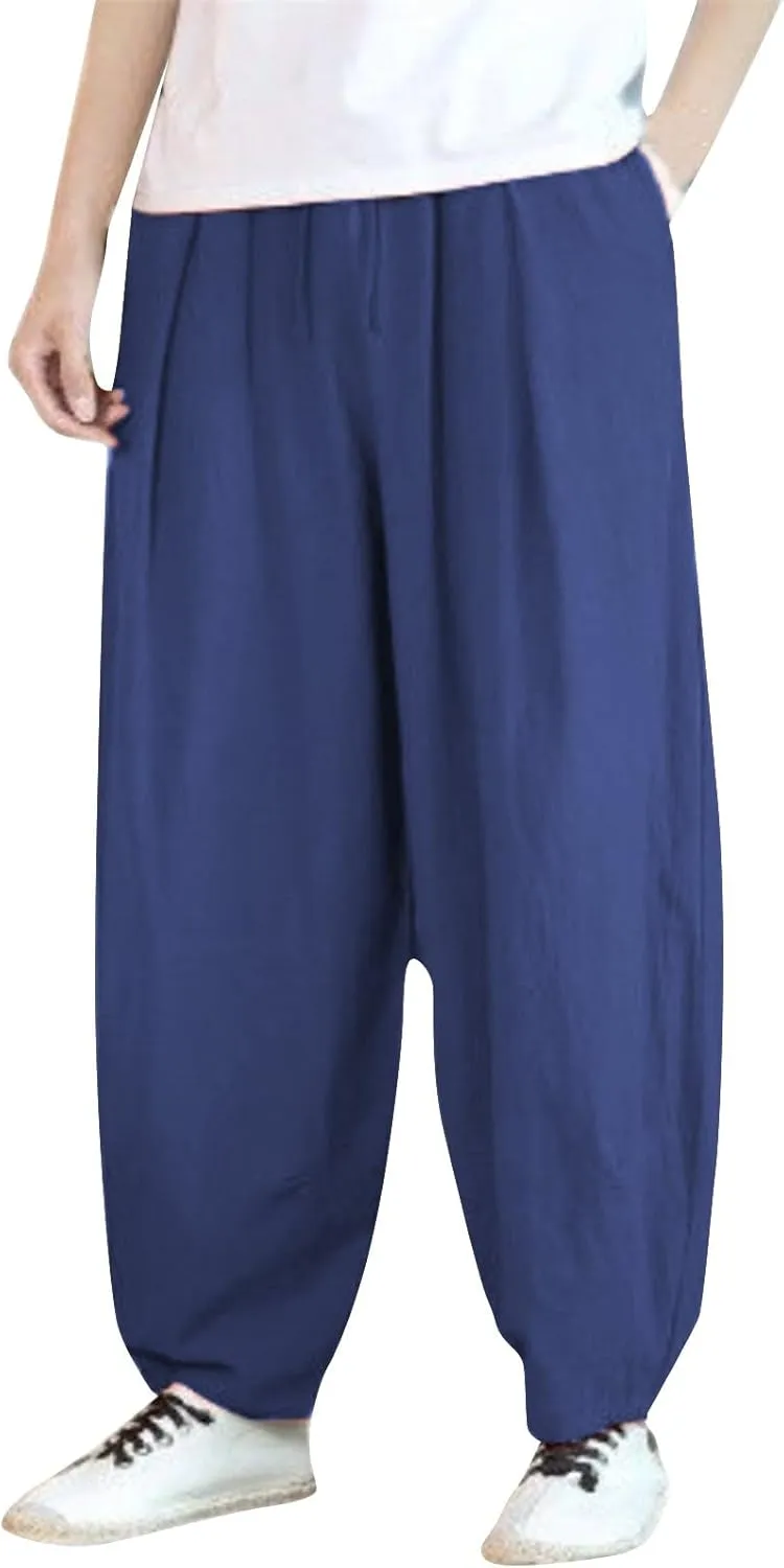 Mens Cotton Linen Pants Casual Classic Elastic Waist Beach Yoga Pants Summer Lightweight Dress Trouser with Pockets