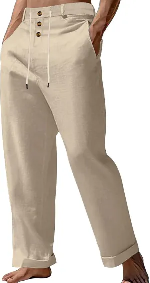 Mens Cotton Linen Pants Casual Elastic Waist Summer Beach Pants Lightweight Breathable Yoga Vacation Dress Trousers