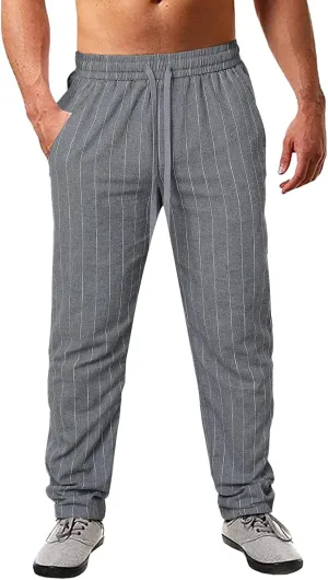 Men's Cotton Linen Pants Striped Beach Pants Baggy Fit Drawstring Sweatpants Breathable Casual Yoga Slacks Trousers
